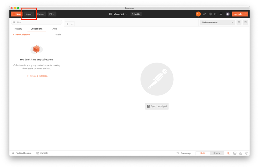 Postman with Import button highlighted Postman with Import button highlighted
