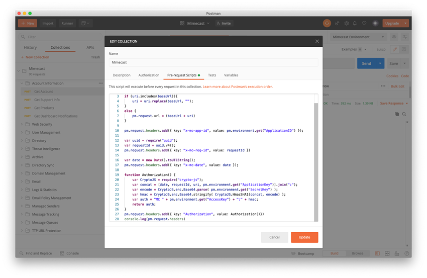 Postman showing collection pre-request script Postman showing collection pre-request script