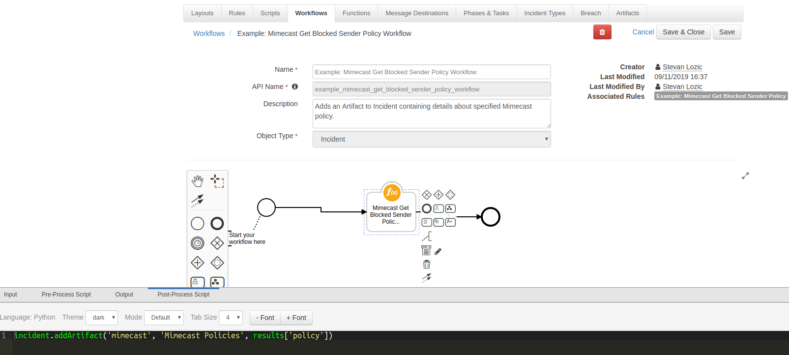 Example of a IBM Resilient Workflow using a Mimecast function